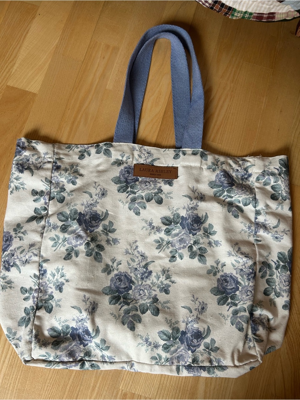 Laura Ashley Cream Tote with Blue Floral Print and Blue Handles